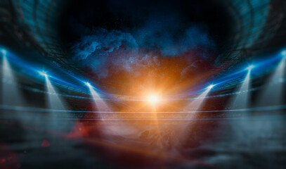 Beautiful sports stadium shining with blue-green lights and a yellow beam at night with stars. Sports championship, world championship. Sports betting card. Free space for design and text.