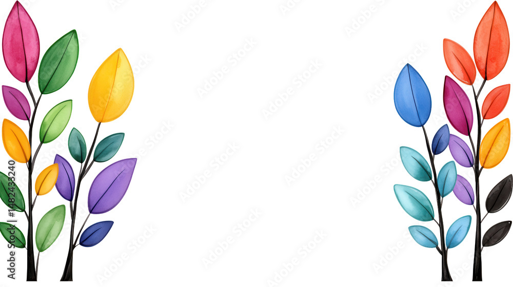 Poster vibrant watercolor leaves in rainbow hues arranged symmetrically on a transparent background. the de