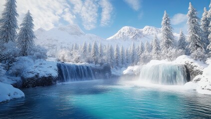 Fototapeta premium Enchanted Winter Wonderland: A Serene Waterfall Cascading Through a Snow-Covered Mountain Landscape