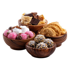 Assorted sweets in wooden bowls on transparent background
