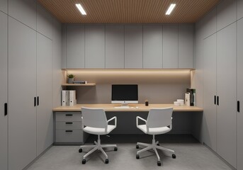 Fototapeta premium A modern workspace features a long desk with two chairs and ample storage cabinets