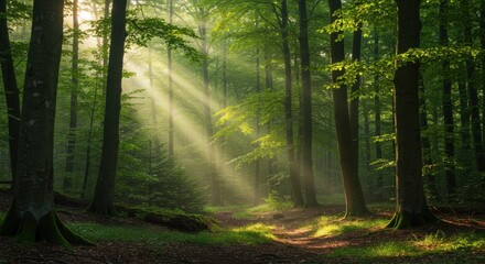 Fototapeta premium Serene forest scene with sunlight filtering through trees, showcasing nature's beauty