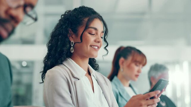 Queue, phone and business people waiting in office typing for research on company for job interview. Line, happy and woman with cellphone for chatting on mobile app for recruitment process update.