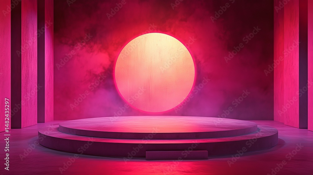Poster abstract pink neon stage background with circular light modern design 3d red fog dark scene color