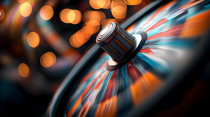 Close-up of a spinning wheel with vibrant colors and blurred lights in the background.  The wheel's sections are in various shades of red, orange, and blue,  and a central hub is visible