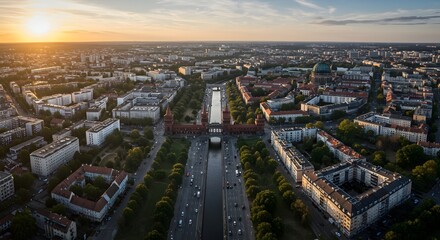 Fototapeta premium Cityscape at Sunset with River and Architectural Structure