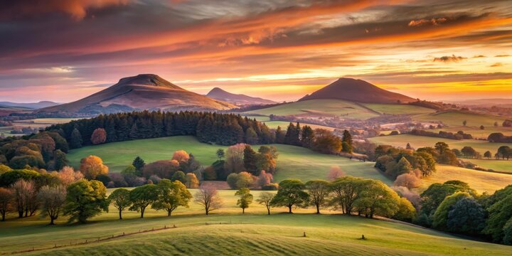 A serene landscape with a glowing sky over Eildon Hills at dusk