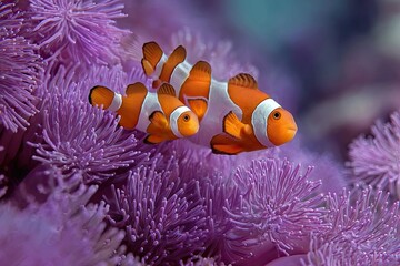 Anemonefish family nestled amidst vibrant purple sea anemone