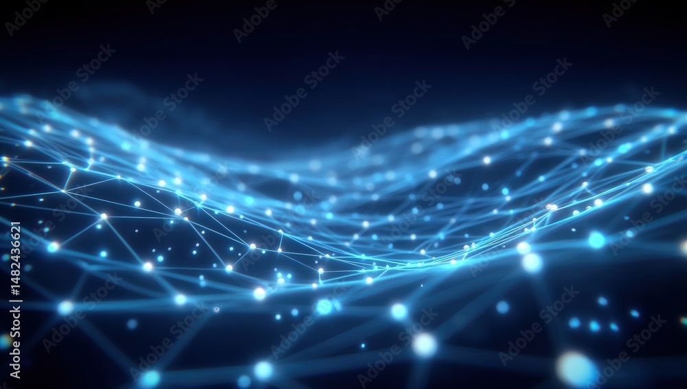 Poster a glowing digital network of blue lines and dots forms an abstract wave pattern on a dark background