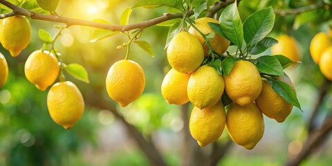 A cluster of lemons hanging from a branch on a mature lemon tree in full bloom