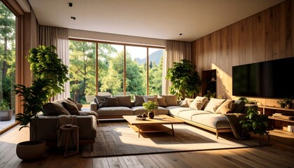 Obraz premium Modern living room with large windows, sofa, and lush greenery, showcasing a comfortable interior design style with natural light and inviting atmosphere.