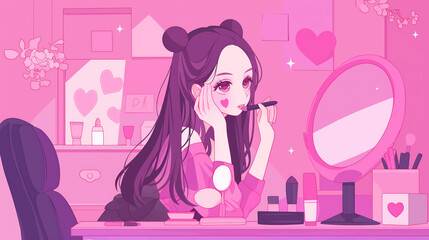 Colorful anime girl in pink room applying lipstick make-up while looking in the mirror illustration