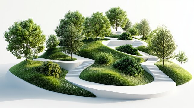 Serene modern landscape design with winding pathways and lush greenery 3d park view trees hills white