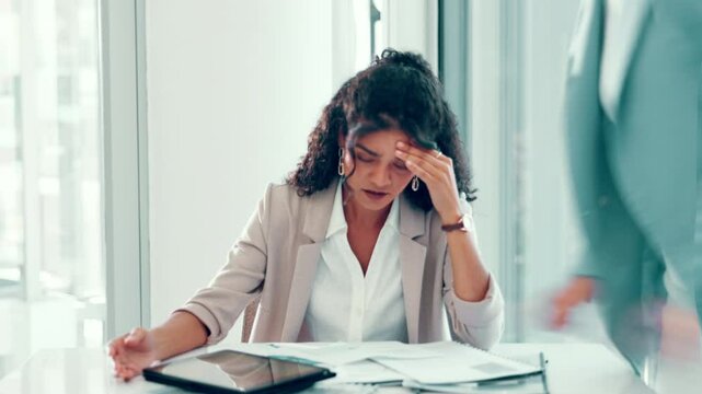 Business woman, headache and overwhelmed with staff, paperwork or stress for deadline with pain at office. Person, manager and crisis for time management, admin or tired with finance review at agency