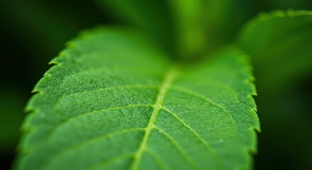 Close-up of a vibrant green leaf showcasing intricate vein patterns and textures