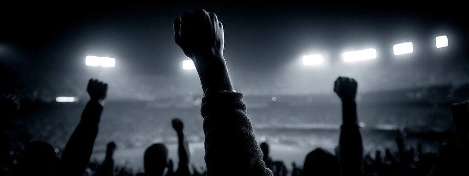 dark yet vibrant wide-angle photograph of a packed baseball stadium at night, the illuminated field contrasting with the dark stands filled with cheering fans