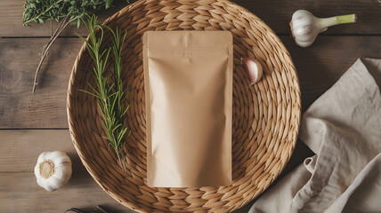 Brown Paper Packaging Mockup with Herbs and Garlic