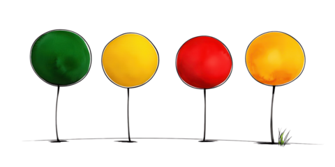 Abstract illustration of four colorful round trees on a black background. Green, yellow, red, and orange spheres on thin stems, small plant at the end.