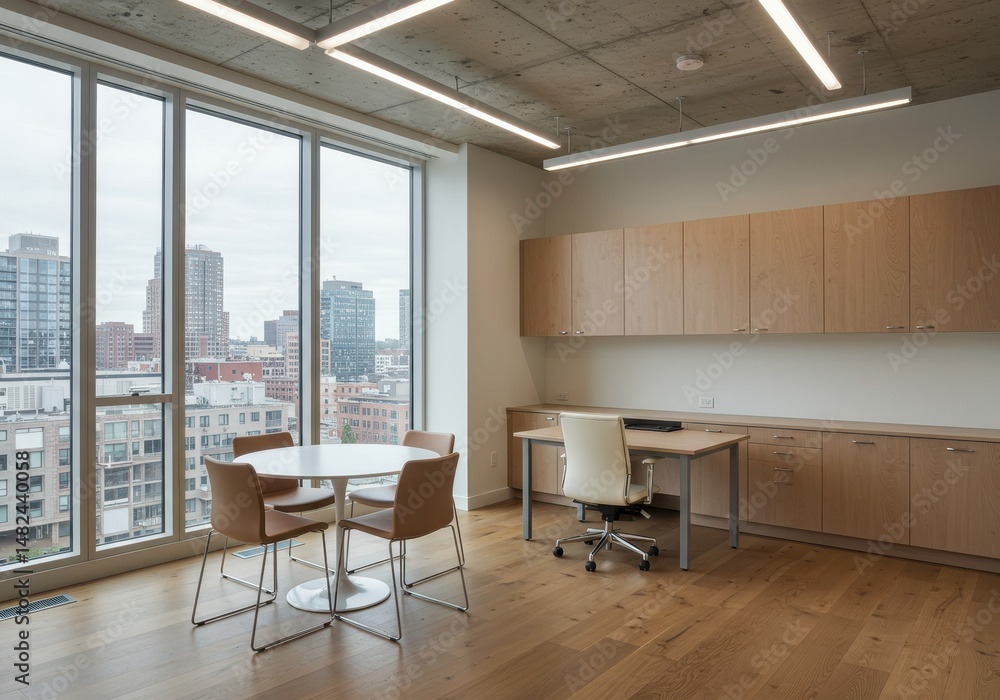 Aufkleber a modern office space features a round table with chairs and a cityscape view from the window