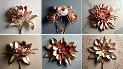 Six Metallic Golden Flower Designs: Floral Art Collection

