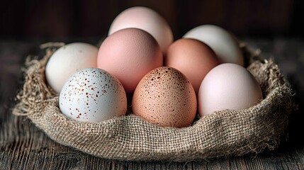Variety of eggs nested in burlap bag on wooden surface