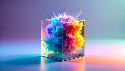 Floating Transparent Glass Cube with Rainbow Light Reflections – Minimalist Still Life