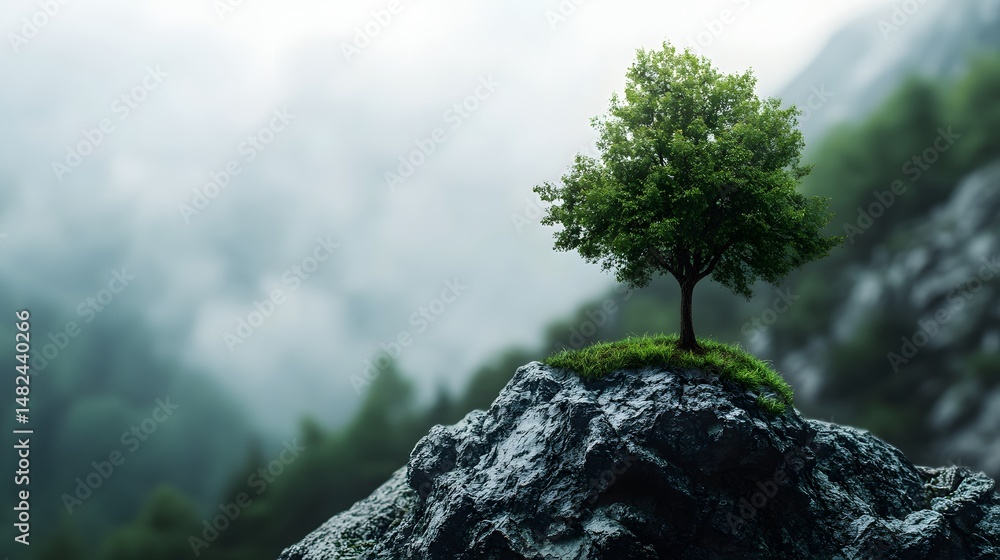 Poster one minimalist tree with a cloudy light background