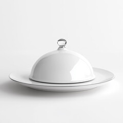 Obraz premium The elegant white serving cloche, raised gracefully above the empty white plate, created an air of anticipation at the dining table. isolated on a clean white backbackground