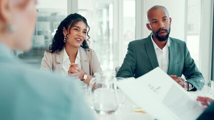 People, meeting and paperwork in office for business, campaign planning and company collaboration. Proposal, employees and documents in agency to explain feedback, teamwork and project briefing