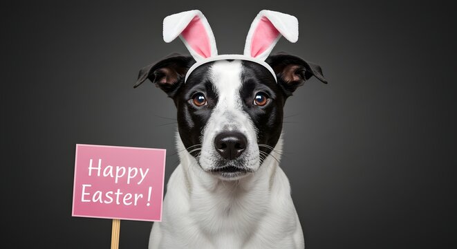 Dog Wearing Bunny Ears Holding Happy Easter Sign