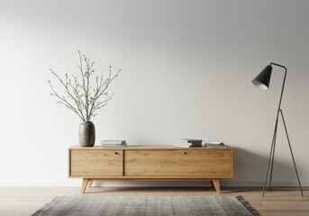 Wooden cabinet with vase of branches and books in a modern interior setting
