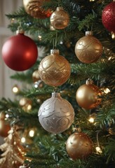 Close-up of glittering ornaments on a decorated Christmas tree ,  gold,  branches,  blue