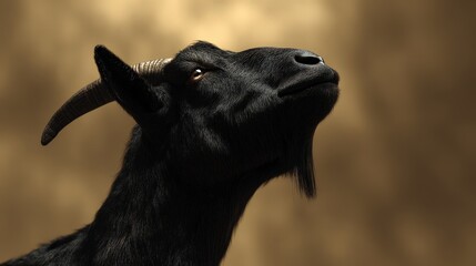 Close-up portrait of a black goat gazing upward.