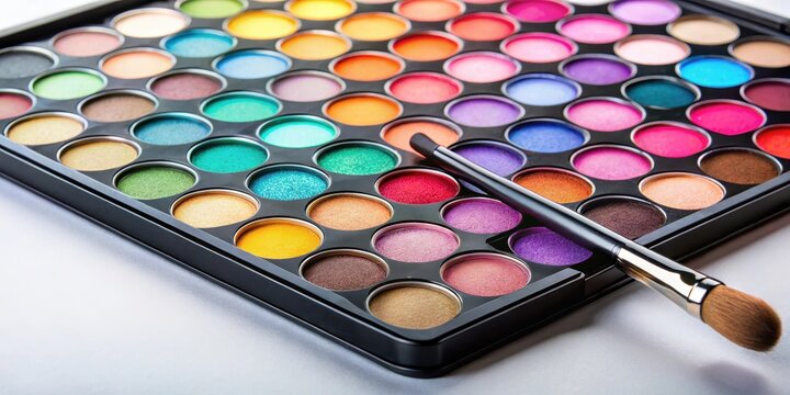 Colorful eyeshadow palette on a flat surface with various shades and an applicator for precise application , makeup tool, eyeshadow palette