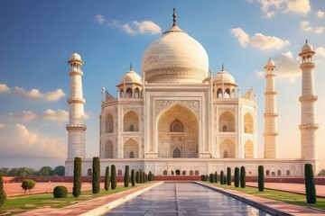 Obraz premium Majestic Taj Mahal with grand arches, ivory domes, and ornate marble carvings in soft lighting 