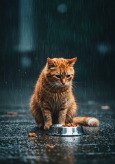 Sad Tabby Cat in the Rain with Food Bowl