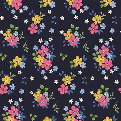 Seamless floral pattern, liberty ditsy print with simple colorful bouquets on dark field. Cute botanical design of pretty hand drawn plants, small daisy flowers, tiny leaves. Vector illustration.