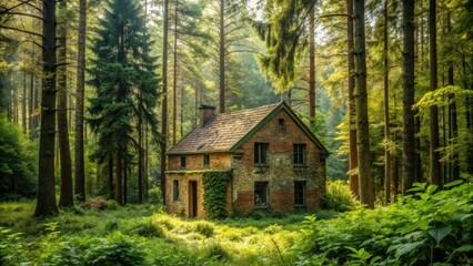 A brick house nestled in a dense forest surrounded by tall trees and overgrown vegetation, woods, brick house