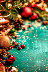 Christmas background with festive branches and ornaments
