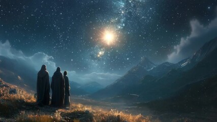 Figures of the three wise men move behind a star in the night sky, the biblical story of Christmas