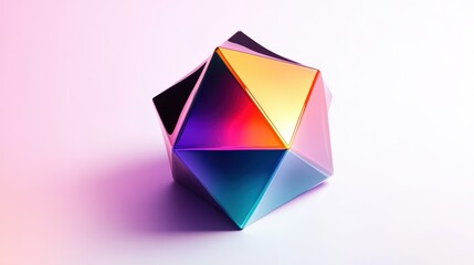 Multifaceted, colorful geometric form displayed on a soft backdrop.