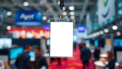 Close-up of blank white business ID tag on lanyard against blurred exhibition backdrop,  identifier,  mockup