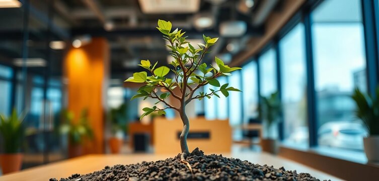 Close-up of a small tree thriving in a modern office, symbolizing growth and sustainability,  modern,  healthy plant