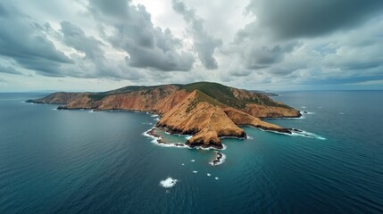 Salvora Island coastline under cloudy skies at midday, shown in a panoramic scene.