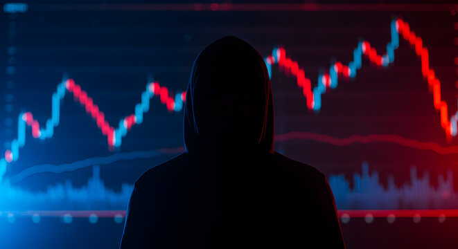 Silhouette of Person in Hooded Jacket Against Fluctuating Stock Market Graph in Blue and Red Colors