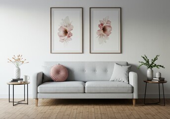 Living room features a gray couch with floral artwork and round pillows on a wooden floor