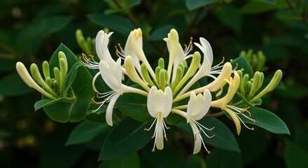 Obraz premium Honeysuckle Blossoms Blooming with Green Leaves Backdrop