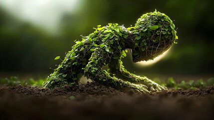 A figure covered in greenery, kneeling in soil, symbolizing connection with nature