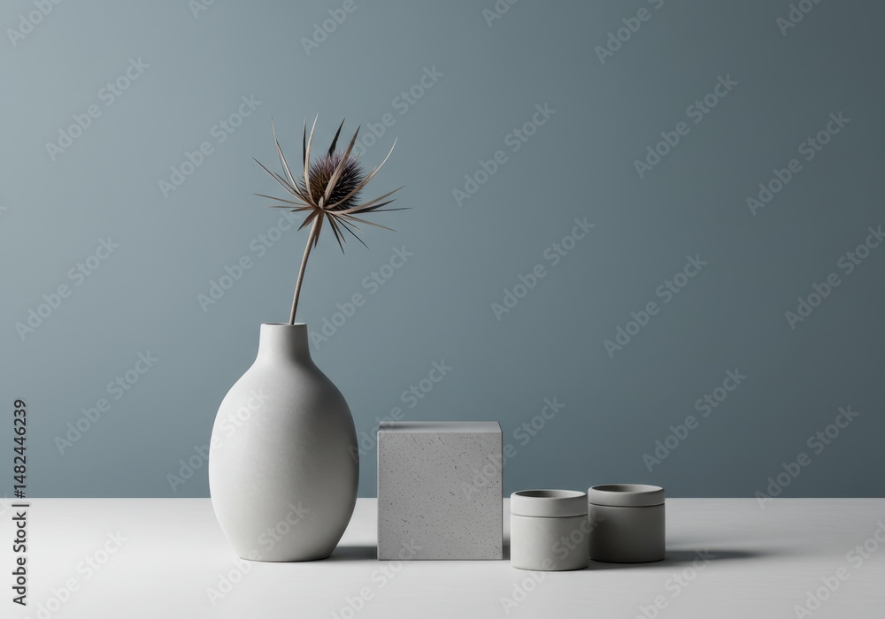 Poster a simple still life featuring a thistle in a vase with geometric containers on a table