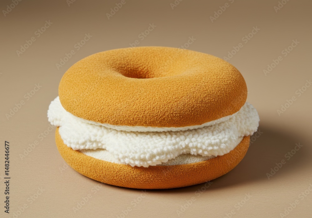 Poster a frosted donut with a generous layer of white cream filling sits on a plain surface